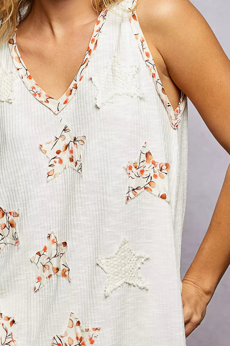POL Floral Print Star Patch V-Neck Ribbed Tank on Simply Obsessed
