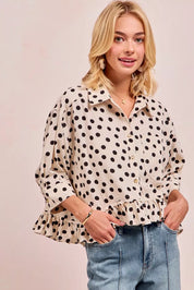 BIBI Polka Dot Printed Peplum Top with Front Button on Simply Obsessed