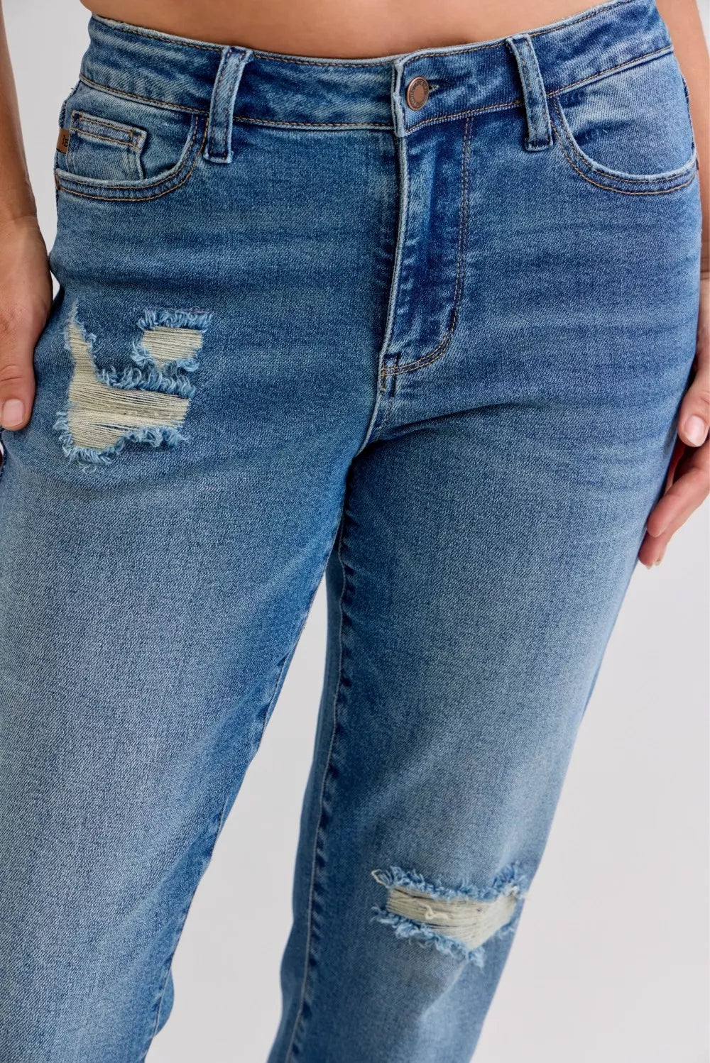 JUDY BLUE Full Size Mid Rise Bf Patch & Repair Destroy Release Hem Jeans Plus Size on Simply Obsessed