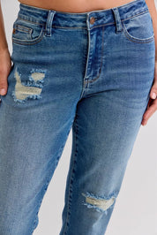JUDY BLUE Full Size Mid Rise Bf Patch & Repair Destroy Release Hem Jeans Plus Size on Simply Obsessed