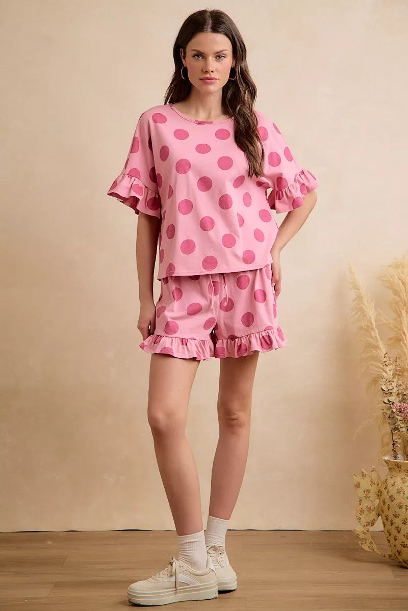 BIBI Polka Dots Printed Ruffled Detail Top And Shorts Set **DOORBUSTER** on Simply Obsessed