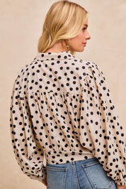 BIBI Polka Dot Print Tie Hem Detail Crop Shirt on Simply Obsessed