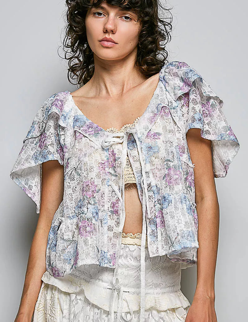 POL Lace Detail Floral Tie Front Ruffle Short Sleeve Blouse on Simply Obsessed