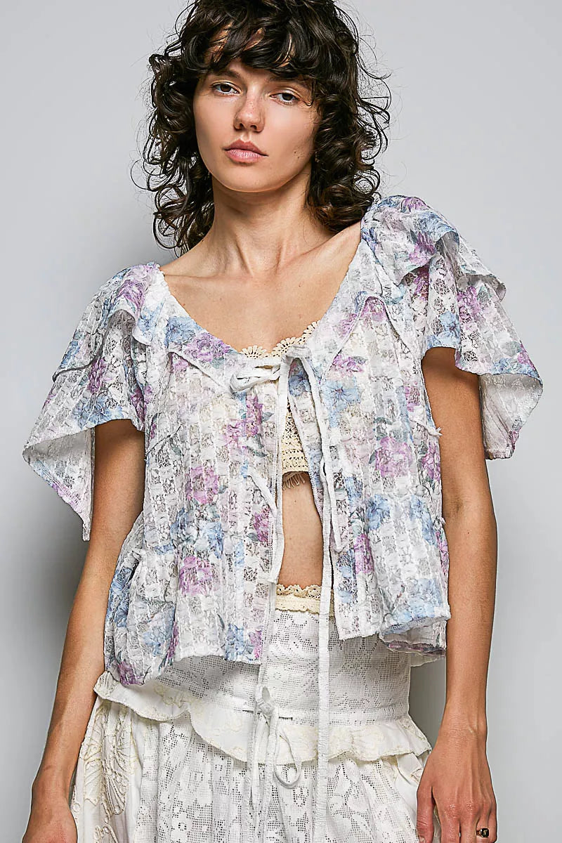 POL Lace Detail Floral Tie Front Ruffle Short Sleeve Blouse on Simply Obsessed