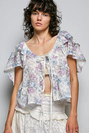 POL Lace Detail Floral Tie Front Ruffle Short Sleeve Blouse on Simply Obsessed