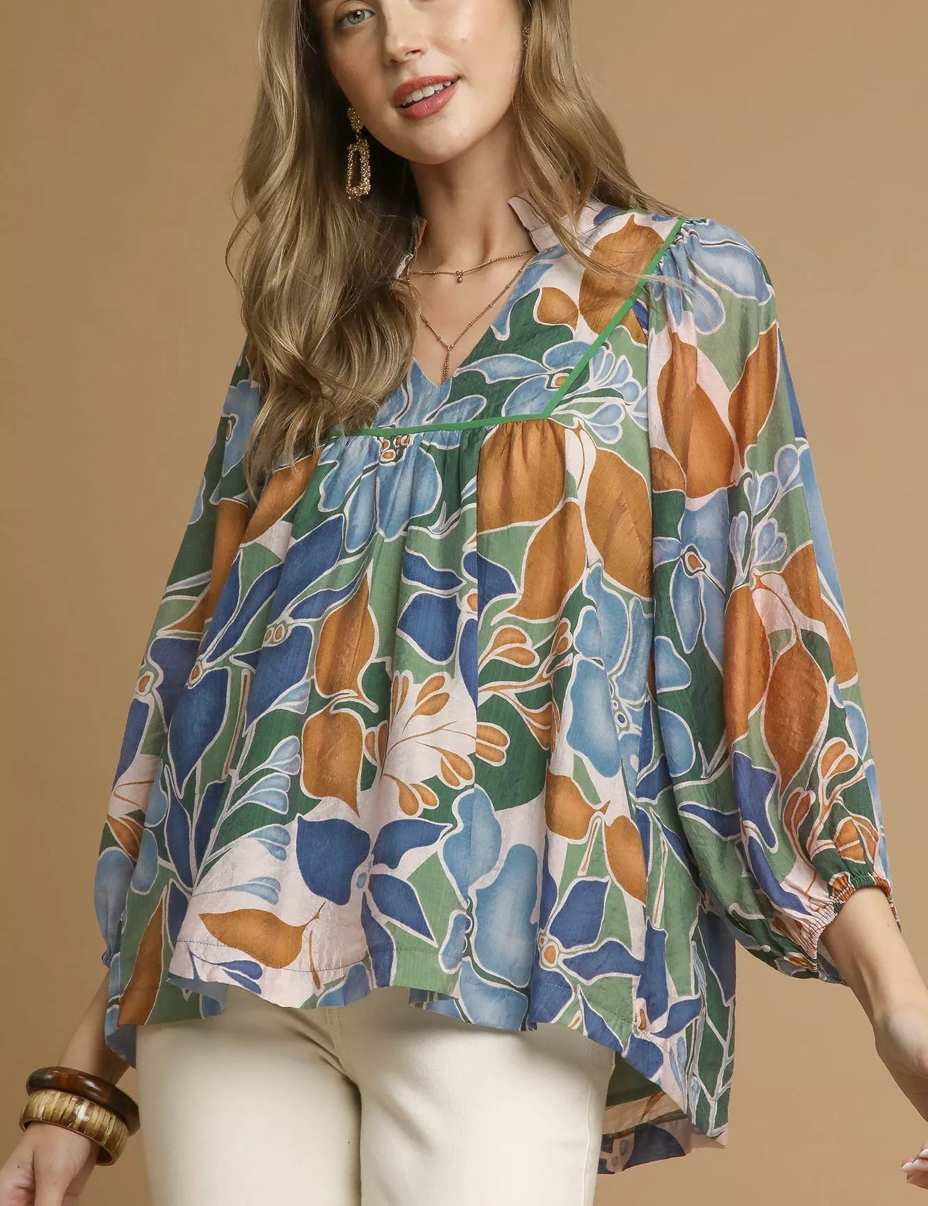 Umgee Multicolor Abstract Floral Print Blouse with Ruffle Neck on Simply Obsessed