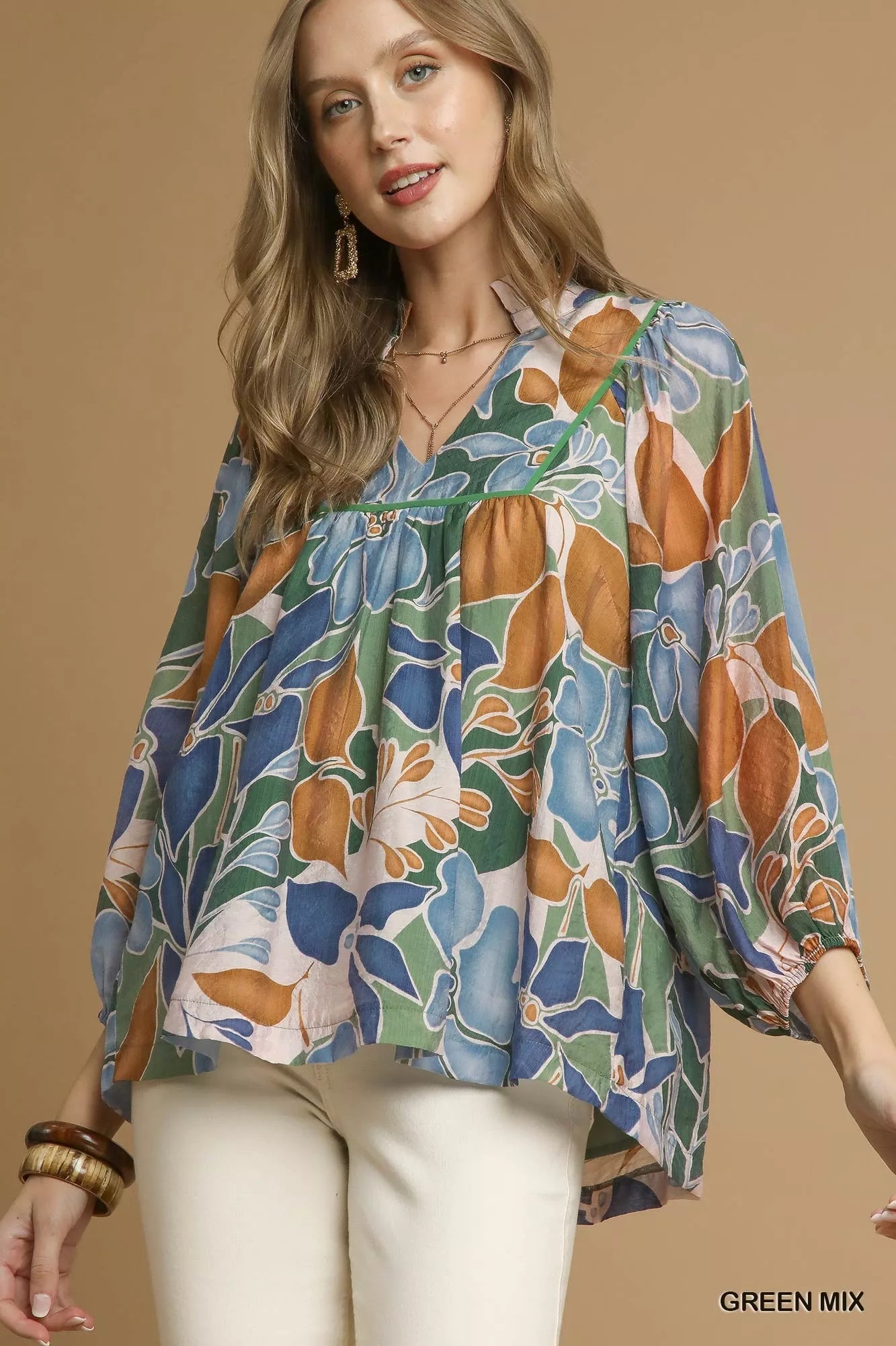 Umgee Multicolor Abstract Floral Print Blouse with Ruffle Neck on Simply Obsessed