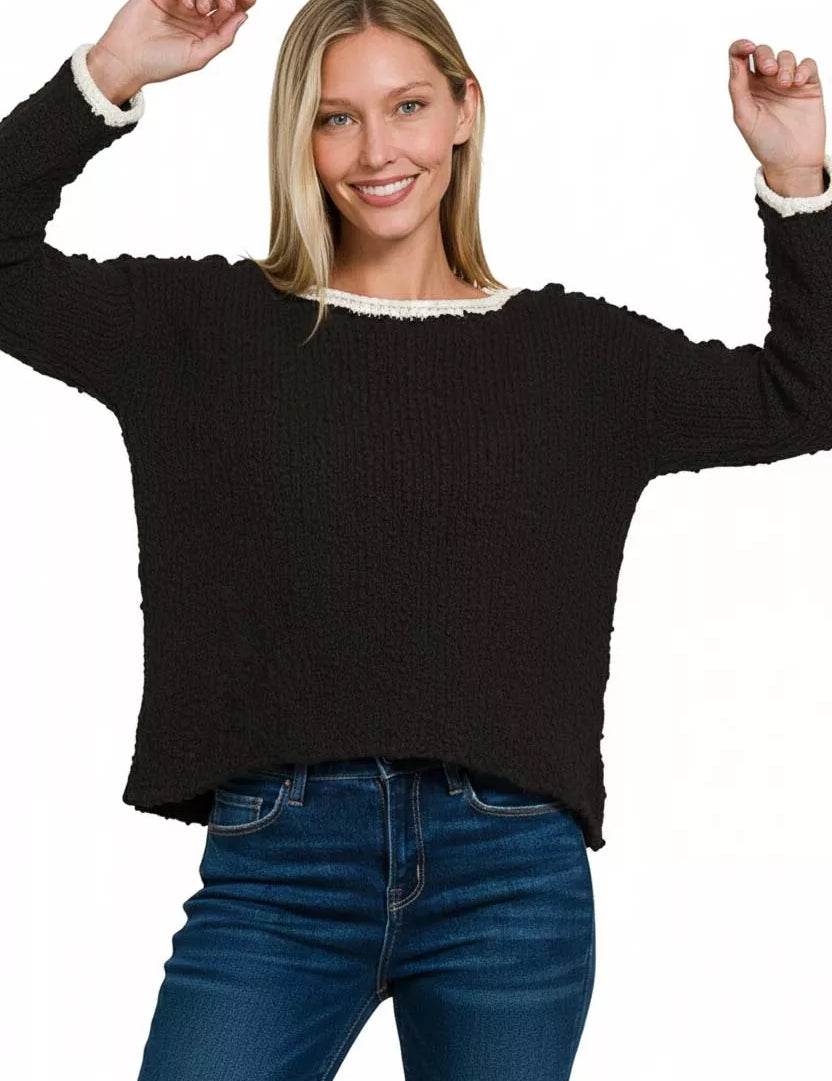 Zenana Contrast Trim Cropped Sweater on Simply Obsessed