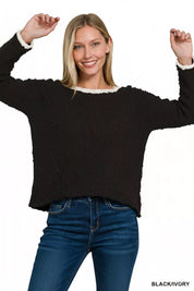 Zenana Contrast Trim Cropped Sweater on Simply Obsessed