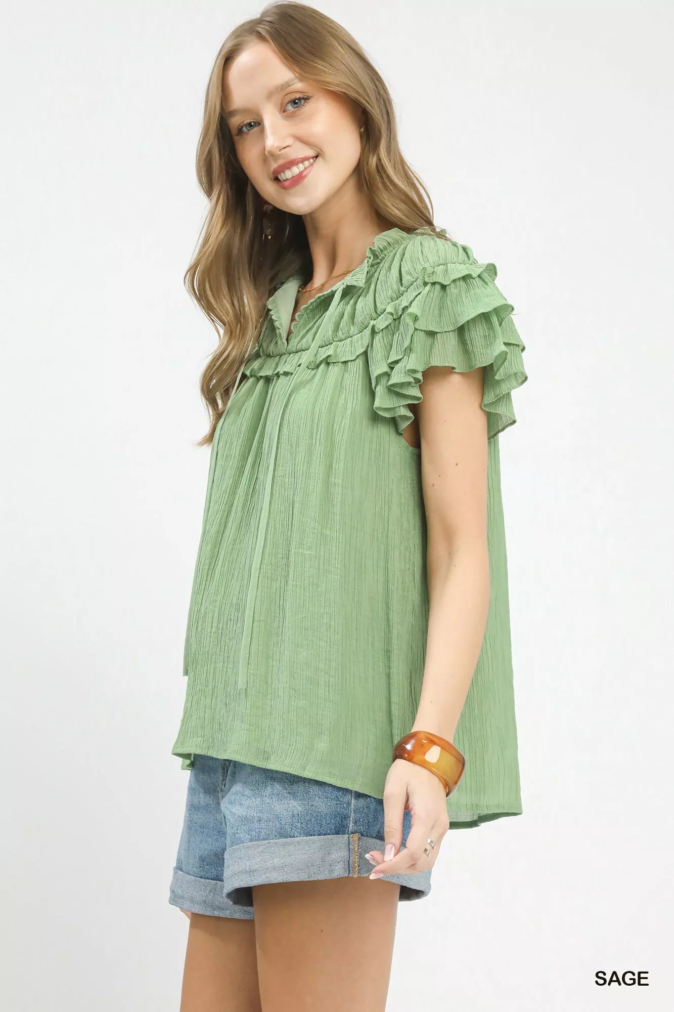 UMGEE Ruffled Flutter Sleeve Textured Blouse on Simply Obsessed