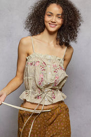 POL Button Down Floral Embroidered Cropped Cami with Lace Detail on Simply Obsessed