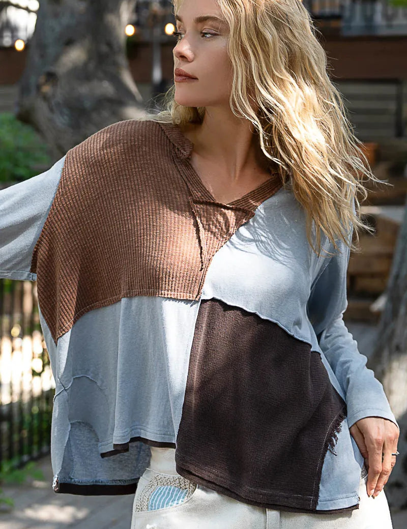 POL Color Block Notched Long Sleeve T-Shirt on Simply Obsessed