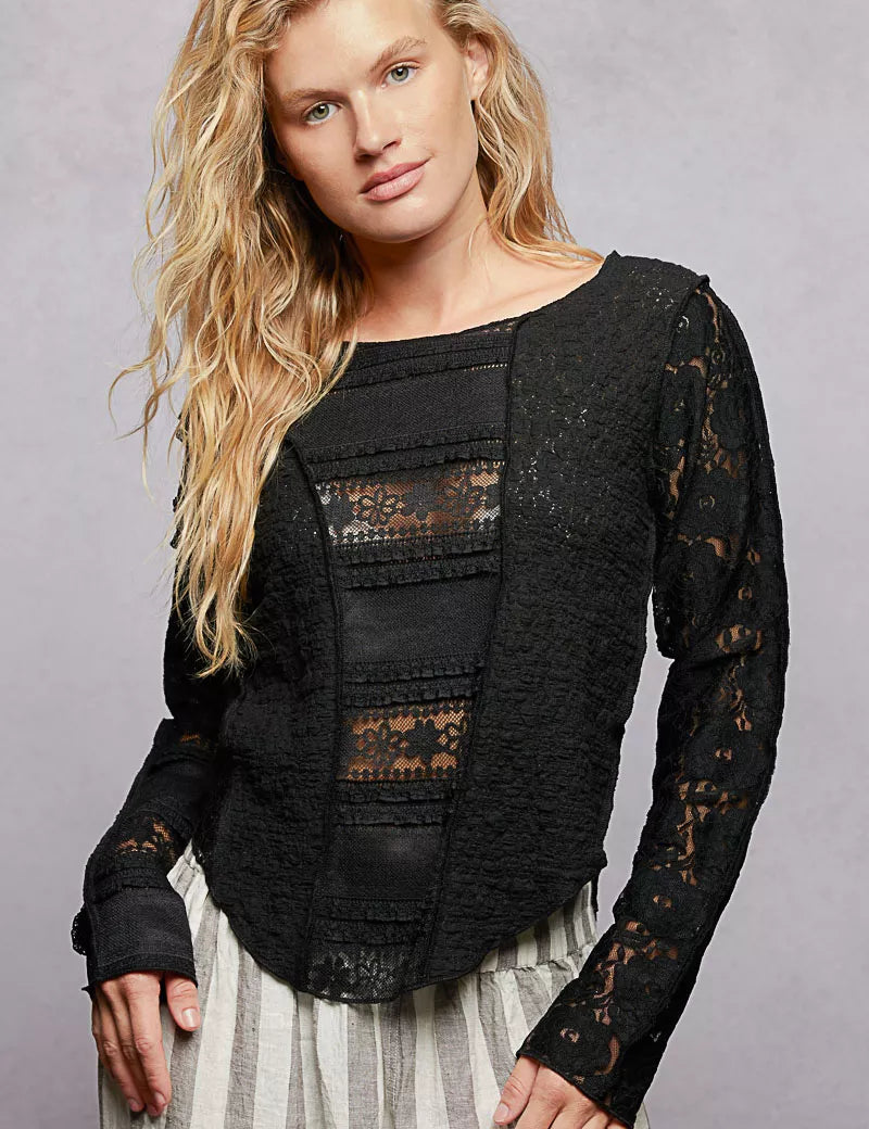 POL Round Neck Long Sleeve Exposed Seam Top with Lace Detail on Simply Obsessed