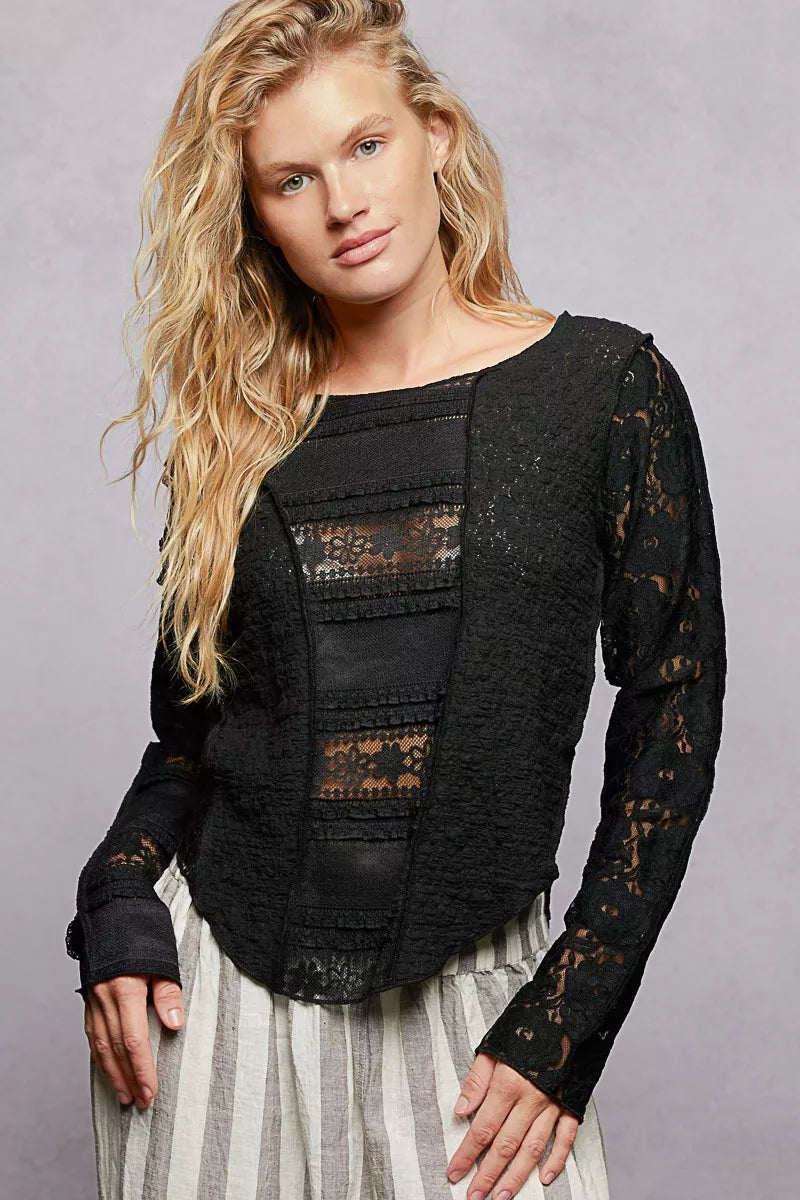 POL Round Neck Long Sleeve Exposed Seam Top with Lace Detail on Simply Obsessed