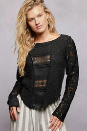 POL Round Neck Long Sleeve Exposed Seam Top with Lace Detail on Simply Obsessed