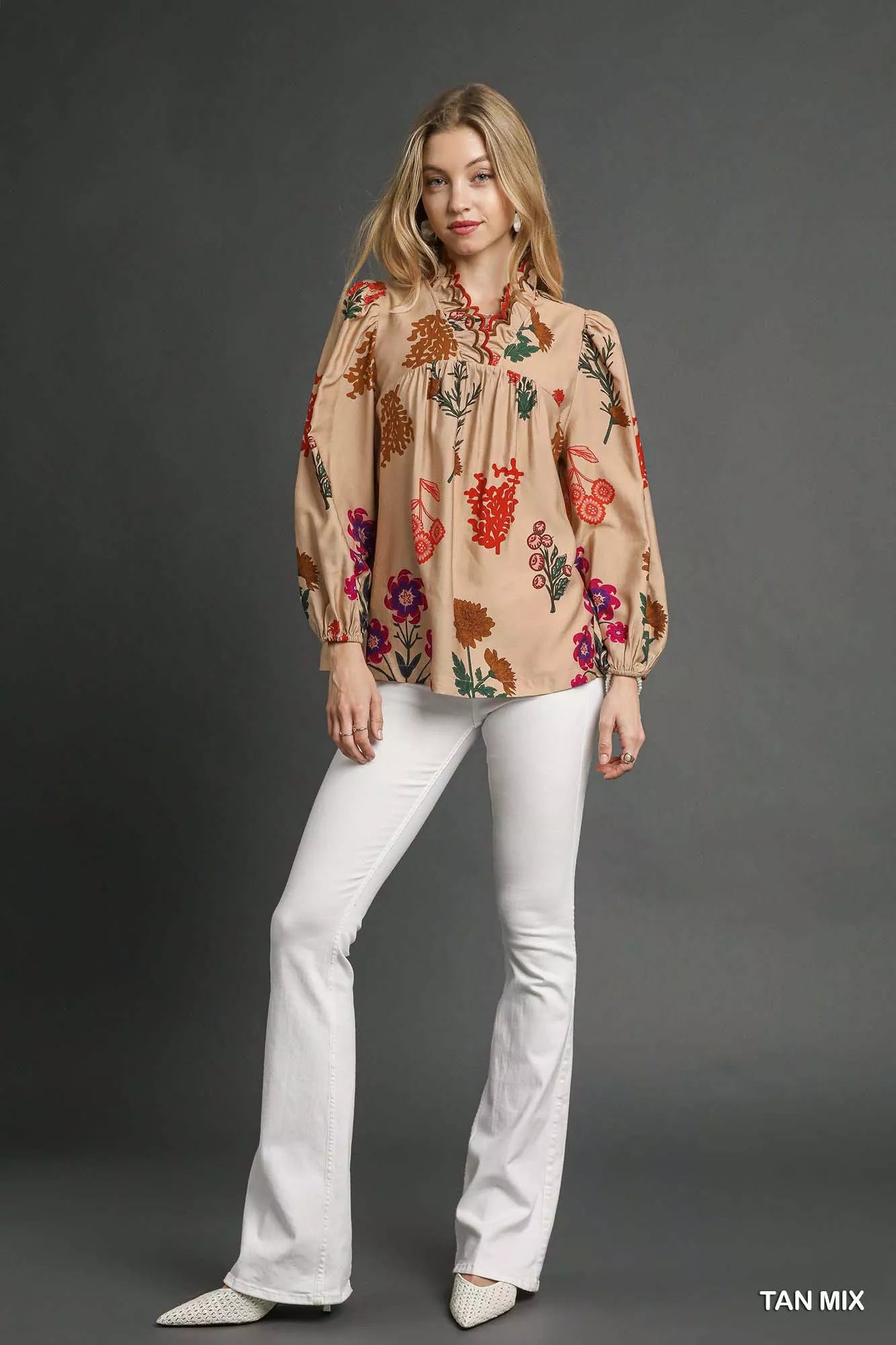 Umgee Flower Print Blouse with Scalloped Neckline on Simply Obsessed