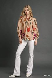 Umgee Flower Print Blouse with Scalloped Neckline on Simply Obsessed