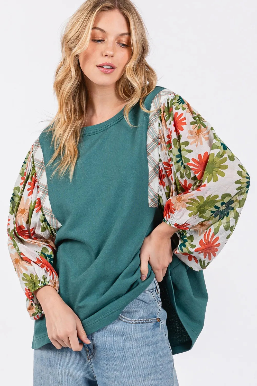 SAGE + FIG Full Size Printed Balloon Sleeve Contrast Top. **FALL DEBUT SALE** on Simply Obsessed