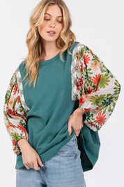 SAGE + FIG Full Size Printed Balloon Sleeve Contrast Top. **FALL DEBUT SALE** on Simply Obsessed