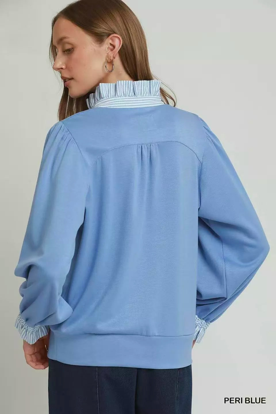 UMGEE Stripe Ruffle Neck Long Sleeve Top on Simply Obsessed