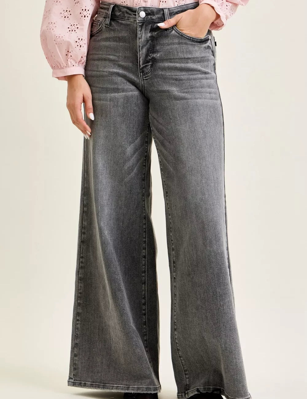 JUDY BLUE Mid Rise Palazzo Split Back Yoke on Simply Obsessed
