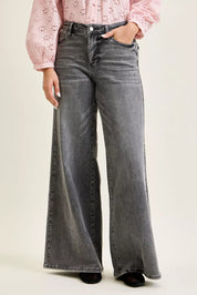 JUDY BLUE Mid Rise Palazzo Split Back Yoke on Simply Obsessed