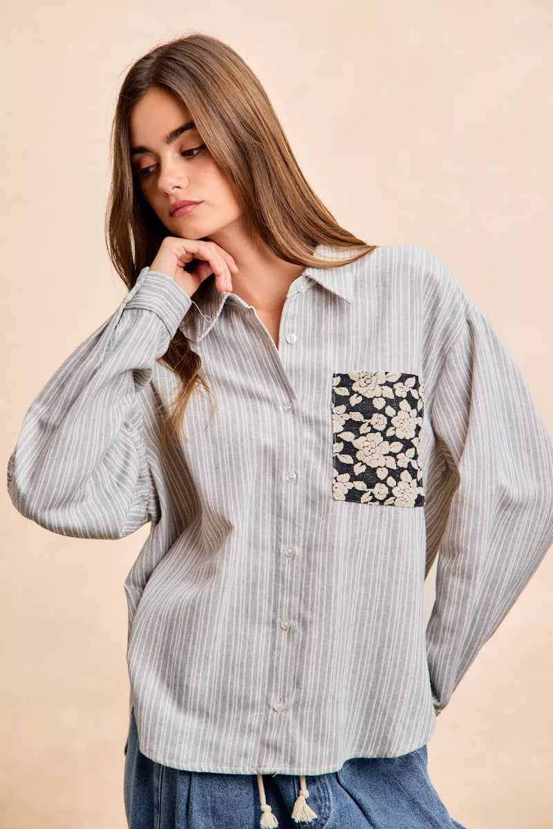 BiBi Flower Jacquard Knit Patch Pocket Stripe Shirt on Simply Obsessed