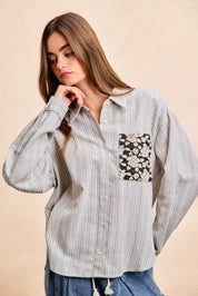 BiBi Flower Jacquard Knit Patch Pocket Stripe Shirt on Simply Obsessed