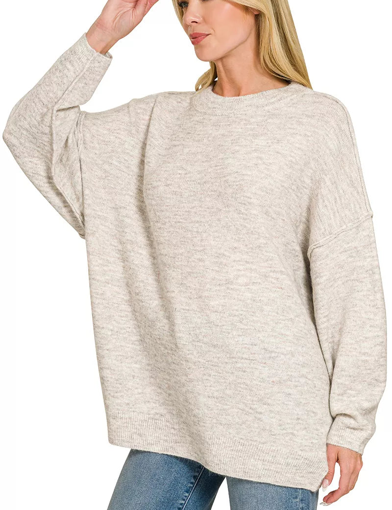 ZENANA Oversized Round Neck Exposed Seam Melange Sweater on Simply Obsessed