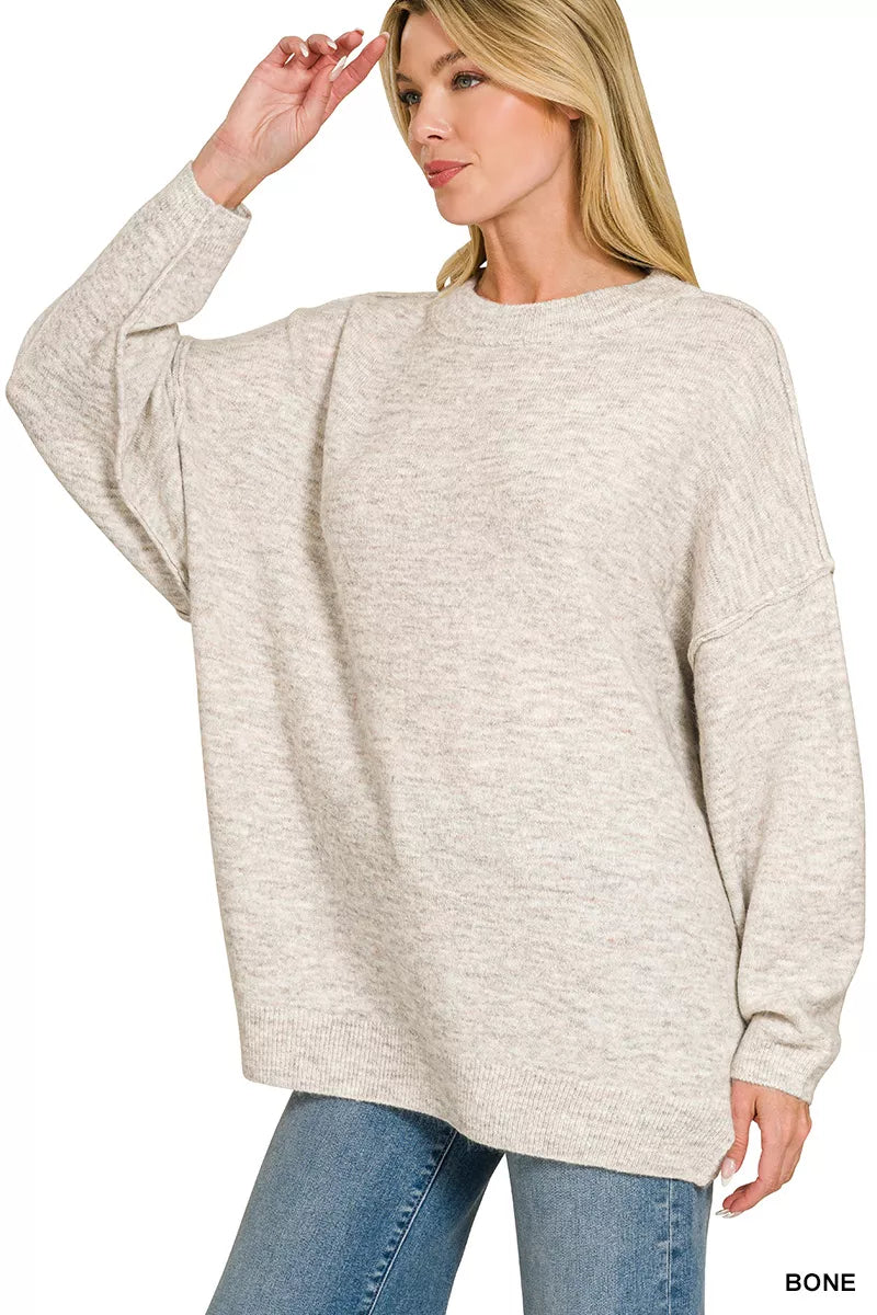 ZENANA Oversized Round Neck Exposed Seam Melange Sweater on Simply Obsessed