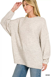 ZENANA Oversized Round Neck Exposed Seam Melange Sweater on Simply Obsessed