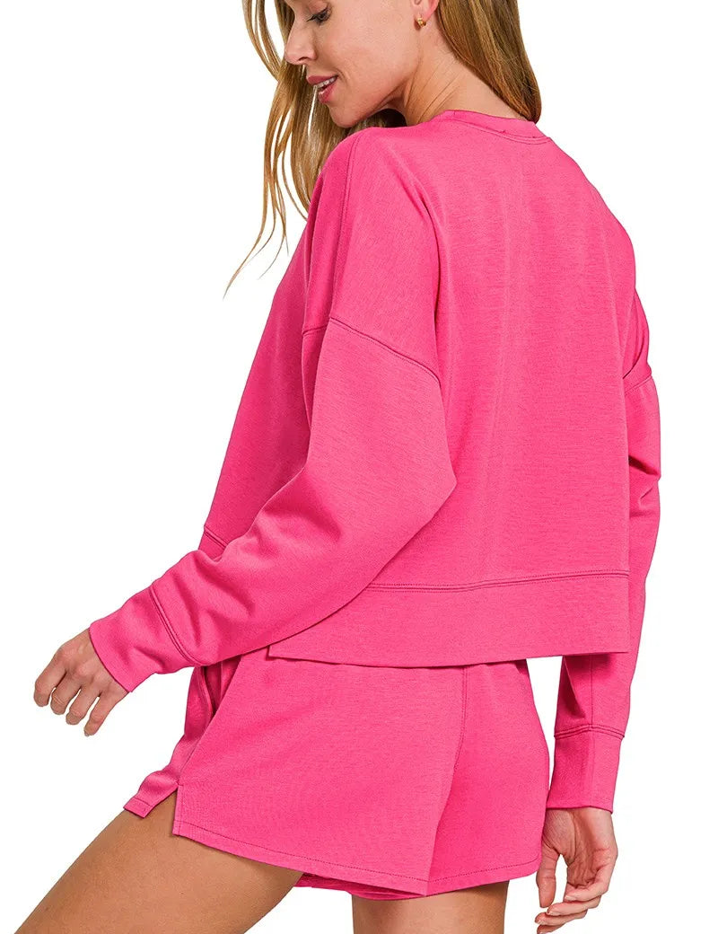 Zenana Scuba Long Sleeve Sweatshirts & Shorts Set on Simply Obsessed