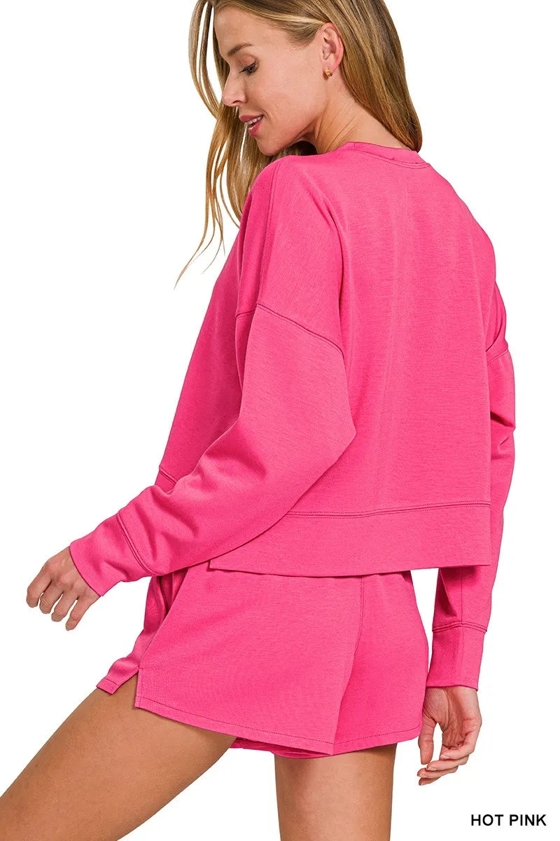 Zenana Scuba Long Sleeve Sweatshirts & Shorts Set on Simply Obsessed