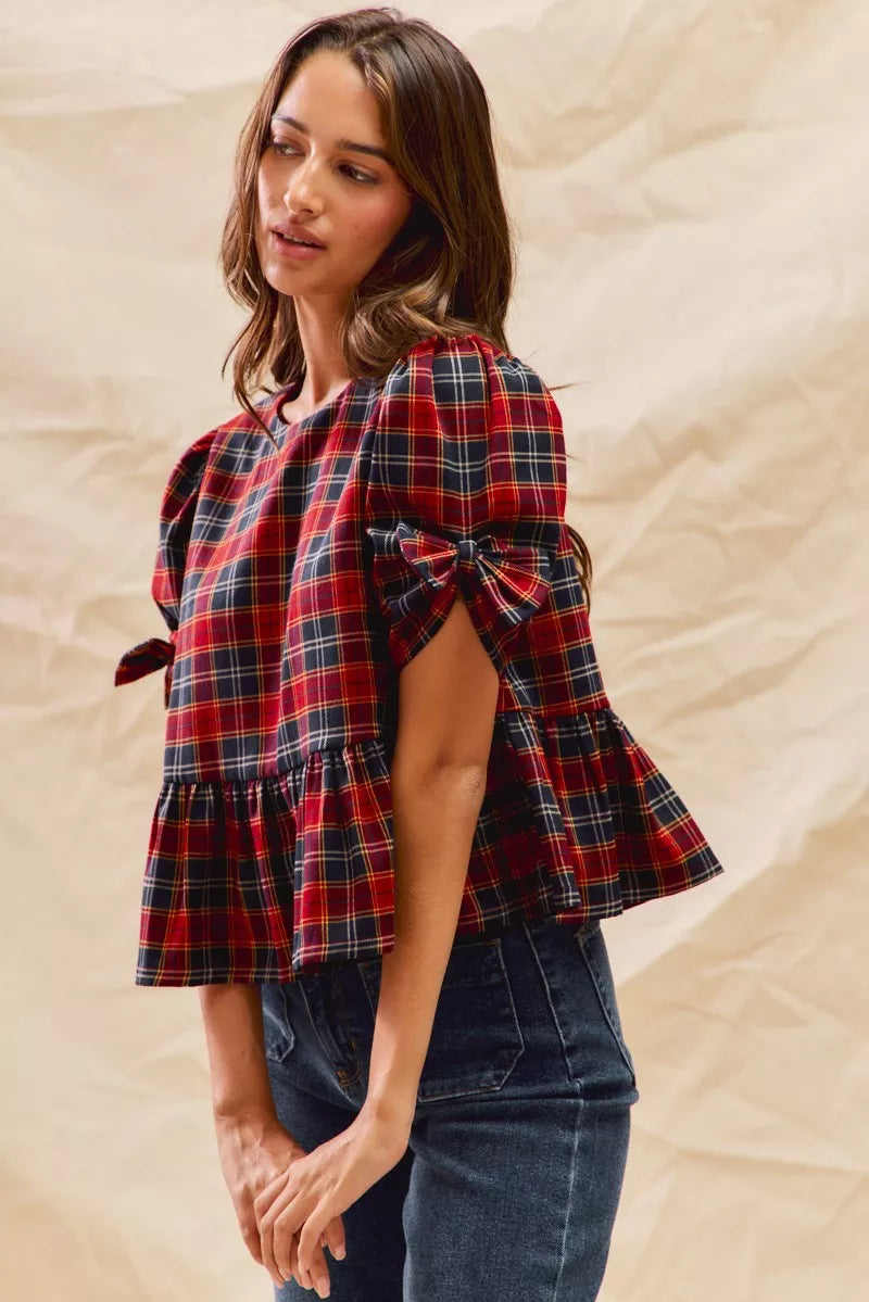 SO ME Christmas Holiday Plaid Ribbon Short Sleeves Top on Simply Obsessed