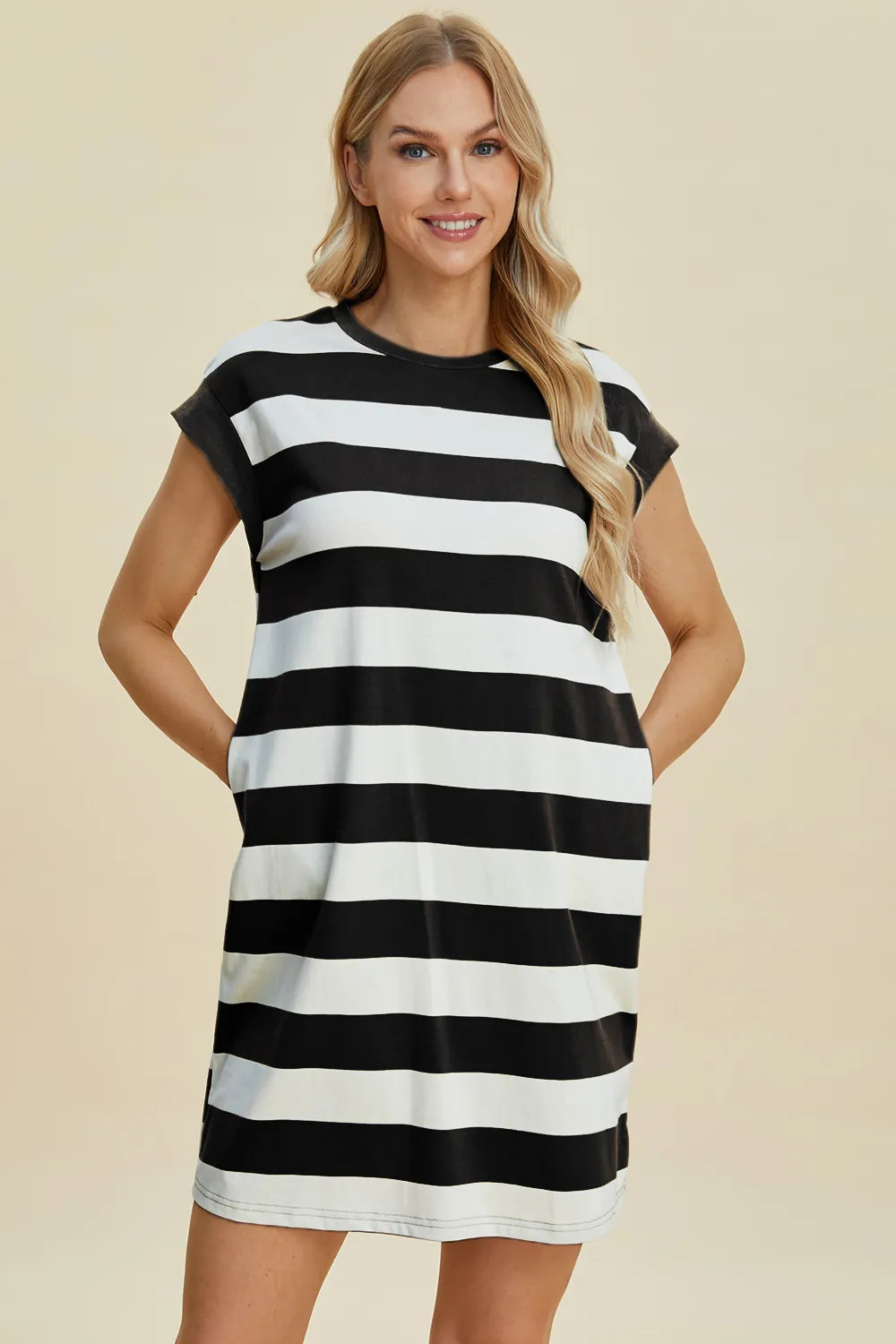 BASIC BAE Full Size Striped Round Neck Cap Sleeve Mini Dress on Simply Obsessed