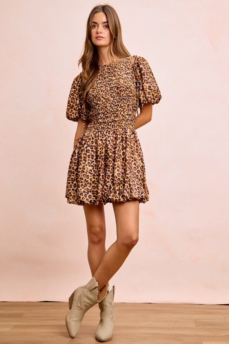 BIBI Leopard Bow Tie Attachable Puff Sleeves Dress on Simply Obsessed