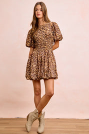 BIBI Leopard Bow Tie Attachable Puff Sleeves Dress on Simply Obsessed