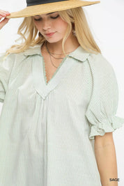 Umgee Pinstripe V-Neck Ruffle Sleeve Blouse on Simply Obsessed