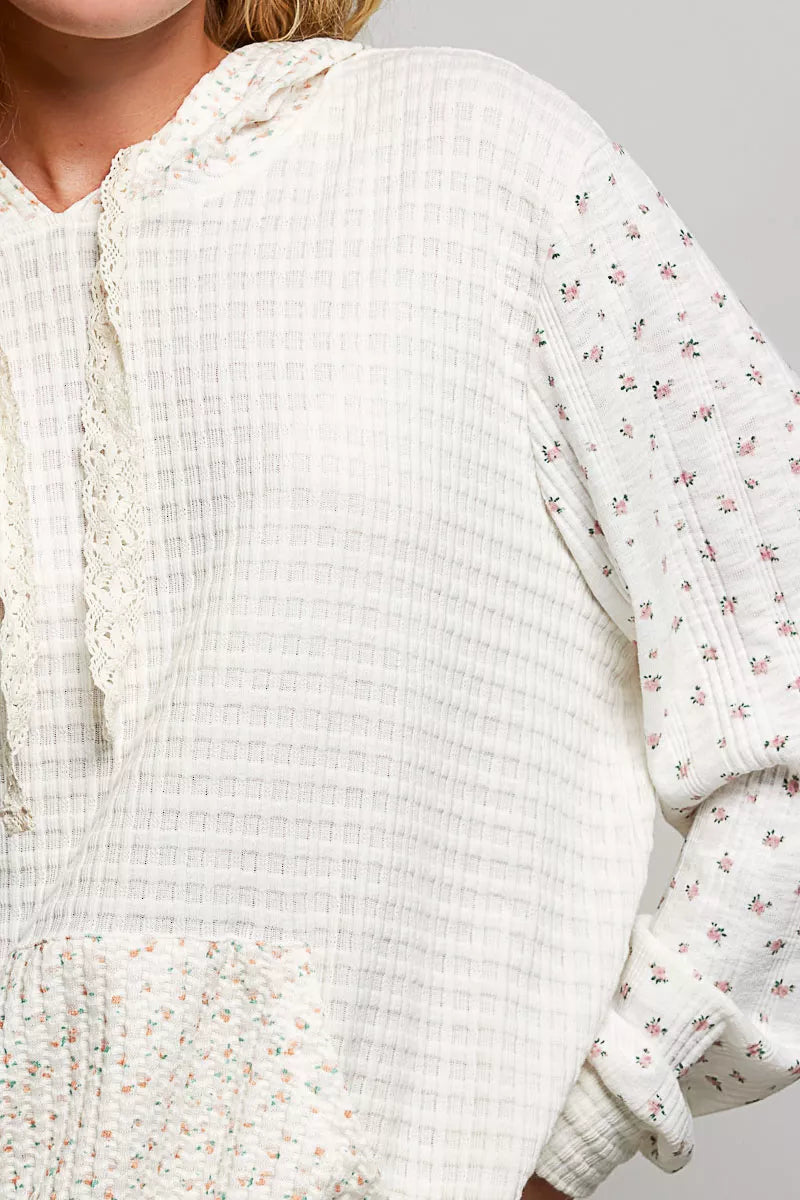 POL Mixed Knit Contrast Print Sleeve Hoodie with Kangaroo Pocket on Simply Obsessed