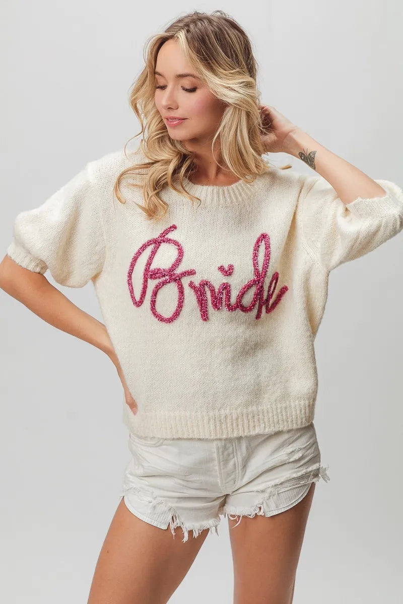 BIBI Metallic Letter Short Puff Sleeve Hairy Sweater on Simply Obsessed