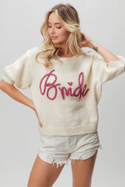 BIBI Metallic Letter Short Puff Sleeve Hairy Sweater on Simply Obsessed