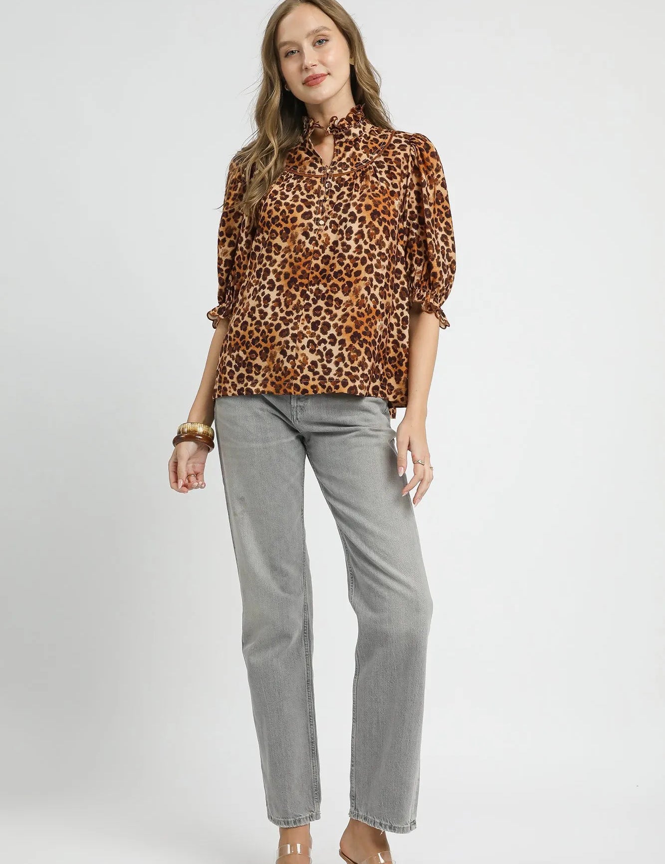 UMGEE Full Size Leopard Print Ruffle Neck Blouse Plus Size **FALL DEBUT SALE** on Simply Obsessed