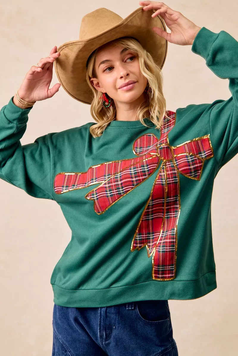 BIBI Plaid Ribbon Bow Detail Christmas Fleece Pullover on Simply Obsessed