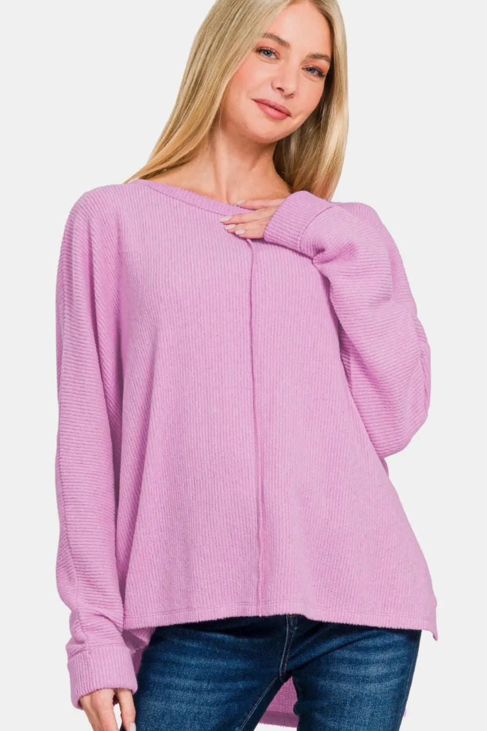 ZENANA High-Low Side Slit Round Neck T-Shirt on Simply Obsessed