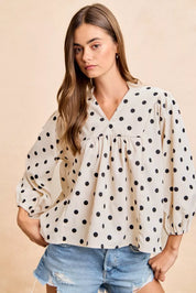 BIBI Polka Dot Corduroy Quarter Sleeves V Neck Blouse on Simply Obsessed