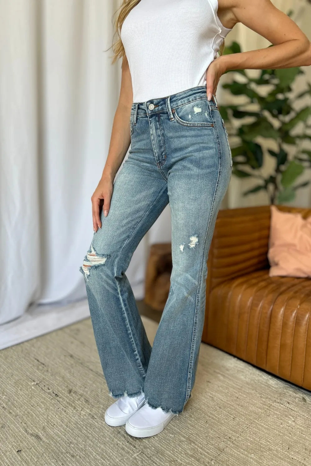 JUDY BLUE Full Size Medium Rise Tummy Control Destroy Flare on Simply Obsessed