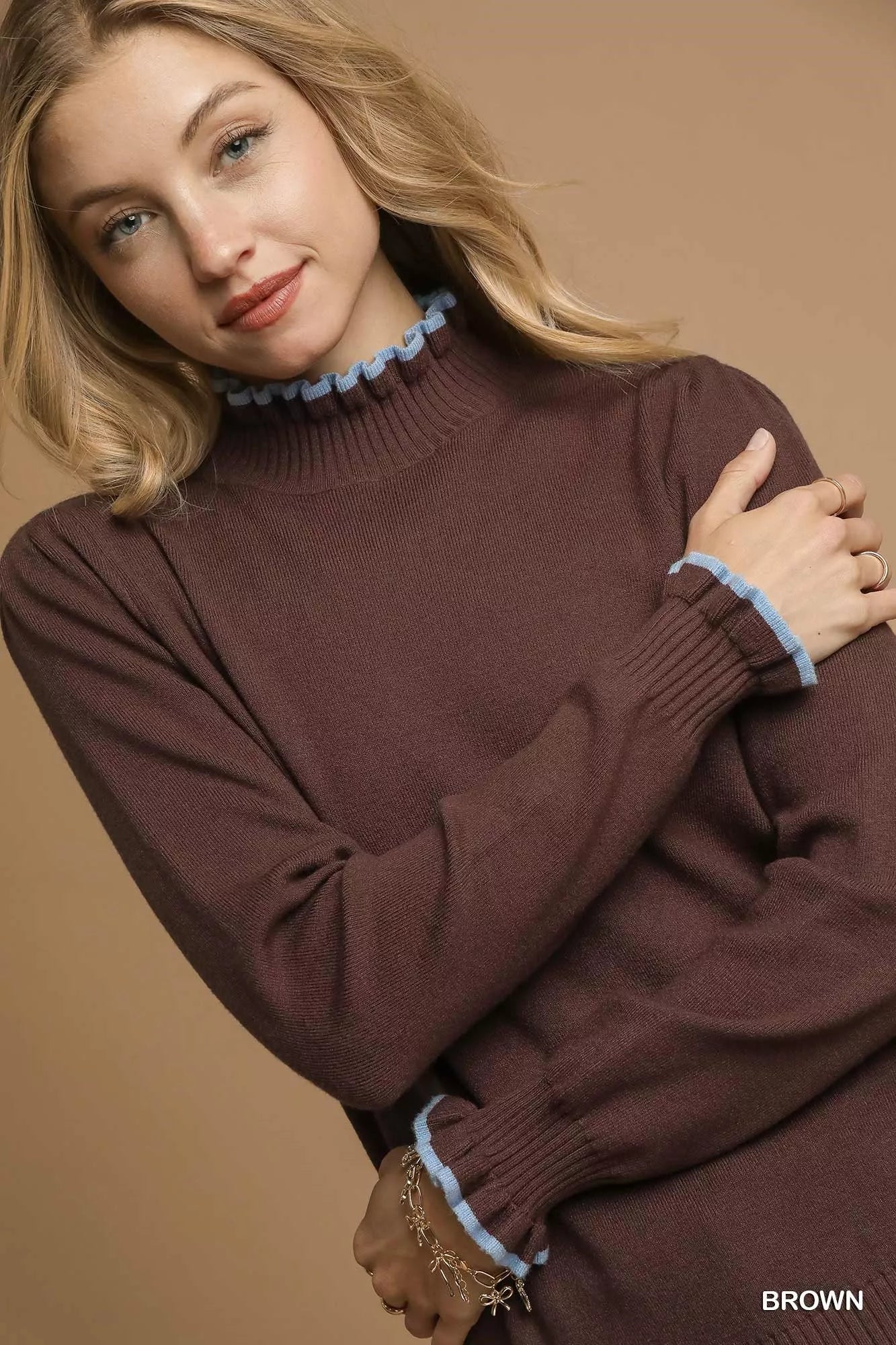 Umgee Ribbed Round Neck Sweater with Ruffle Contrast Trim on Simply Obsessed
