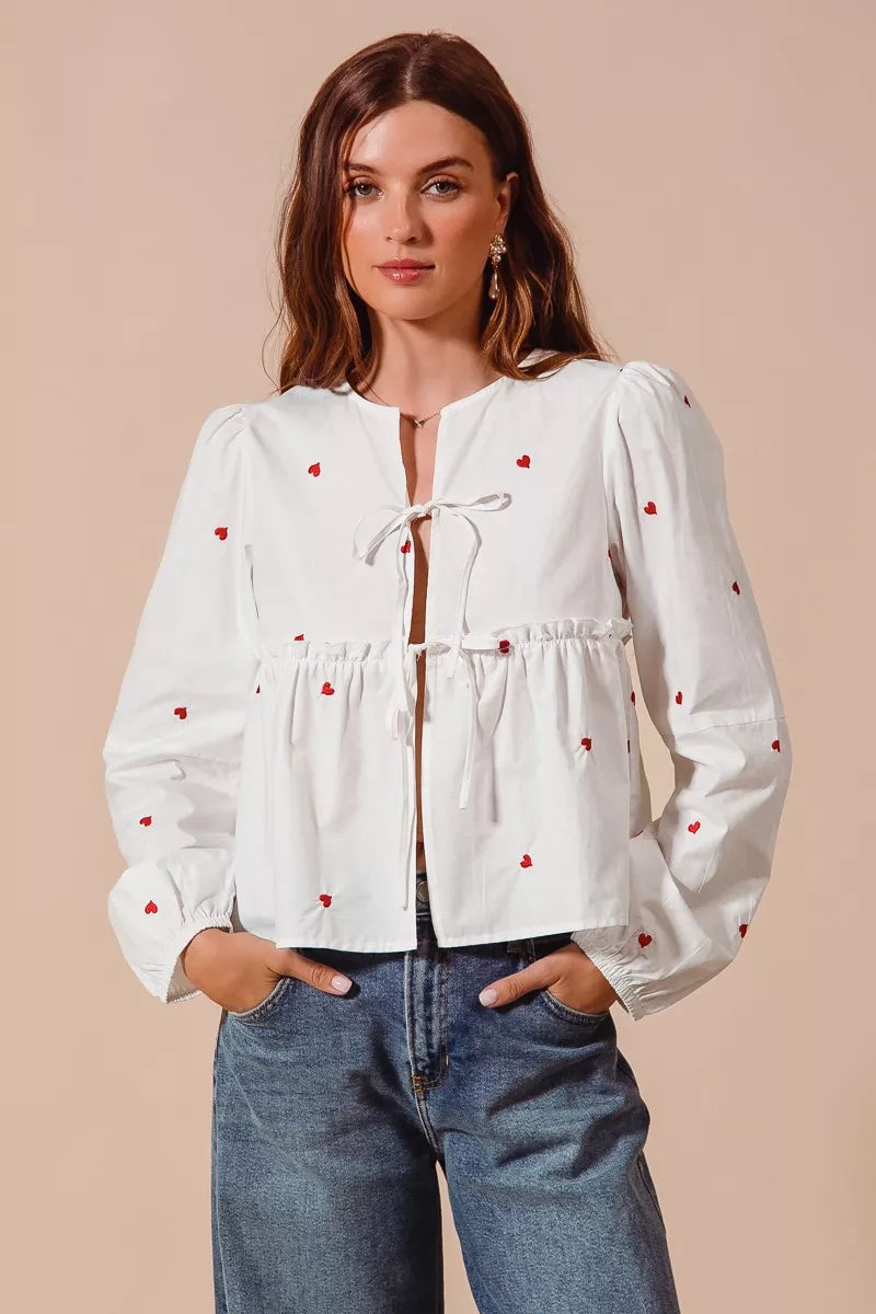 SO ME Front Tie Heart Embroidered Blouse With Puff Sleeve on Simply Obsessed