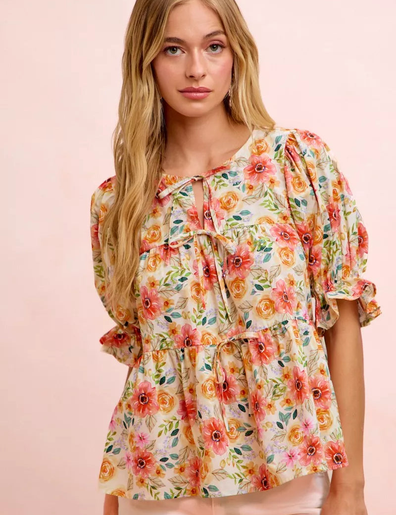 BIBI Flower Printed Shirring Detail Blouse Top on Simply Obsessed