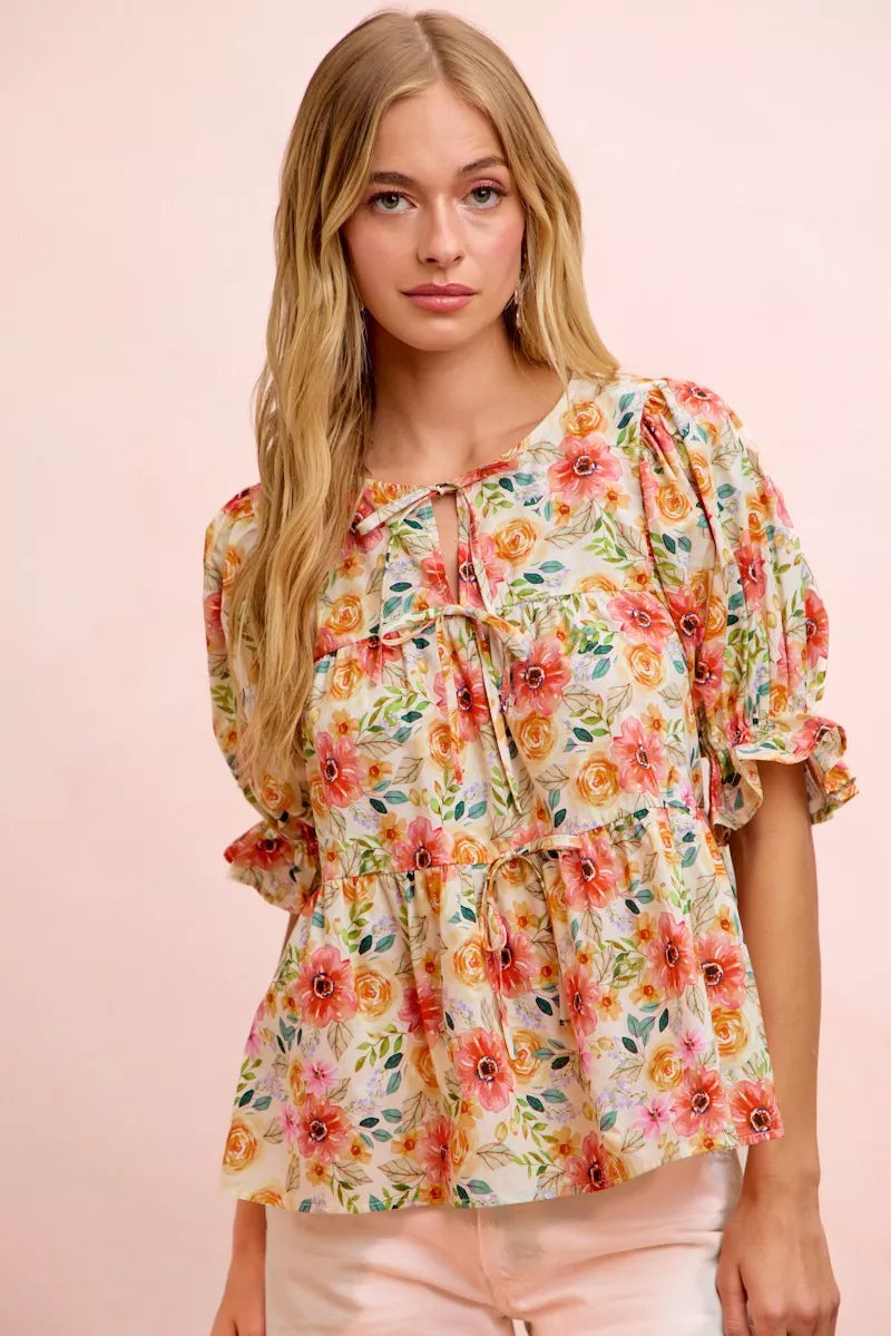BIBI Flower Printed Shirring Detail Blouse Top on Simply Obsessed